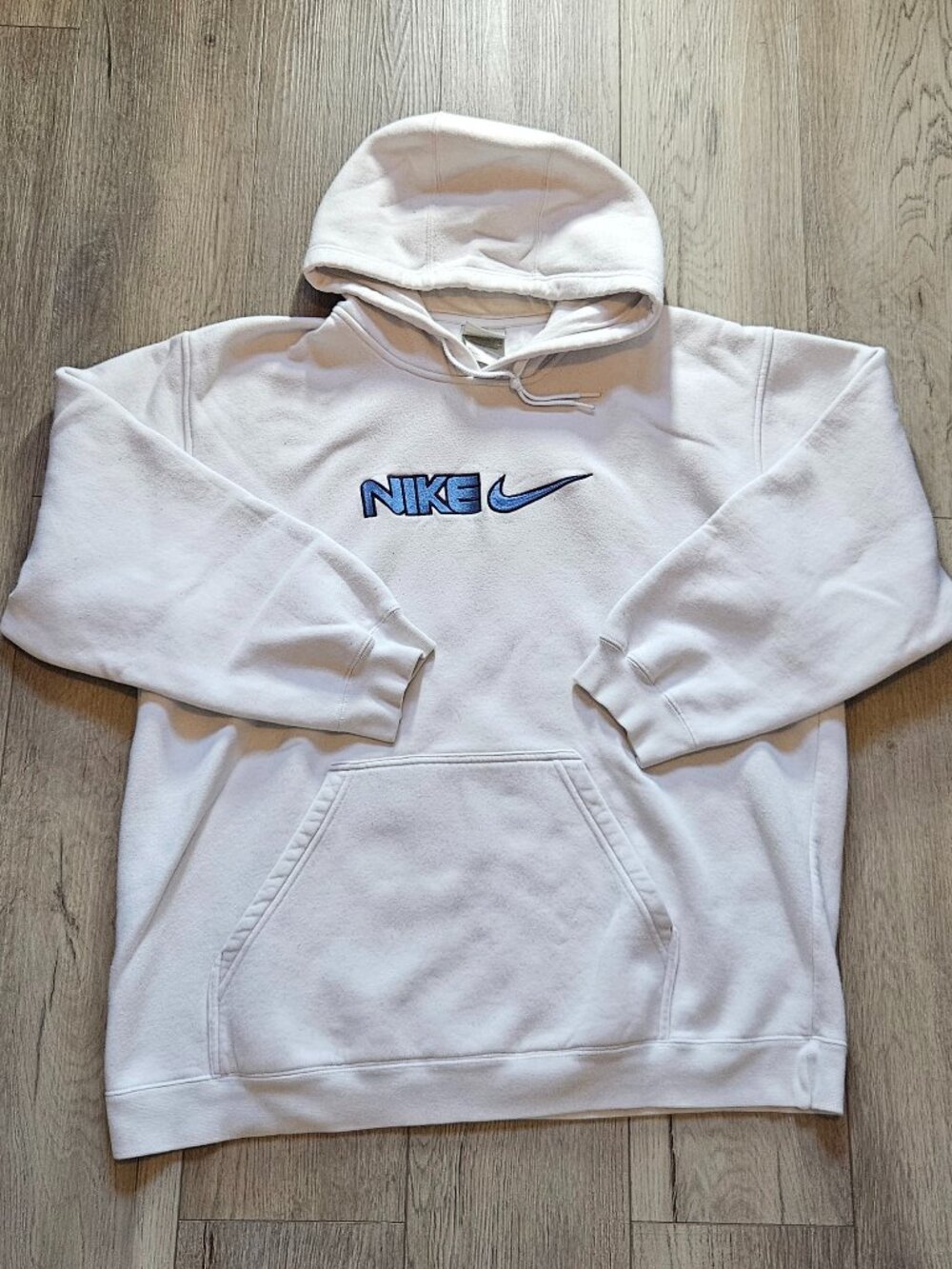 Vintage 90s Nike Center Swoosh White Blue Embroidered Hoodie XL Made in Canada